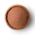 Closeup cocoa powder in wooden bowl isolated on white background with clipping path. Top view.  Flat lay.